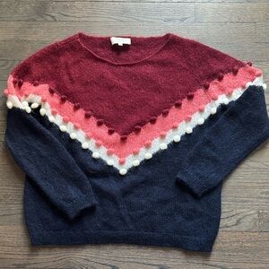 Sezane Elie Sweater with Chevron Stripes and Pom Pom Detail in Mohair. Size M.